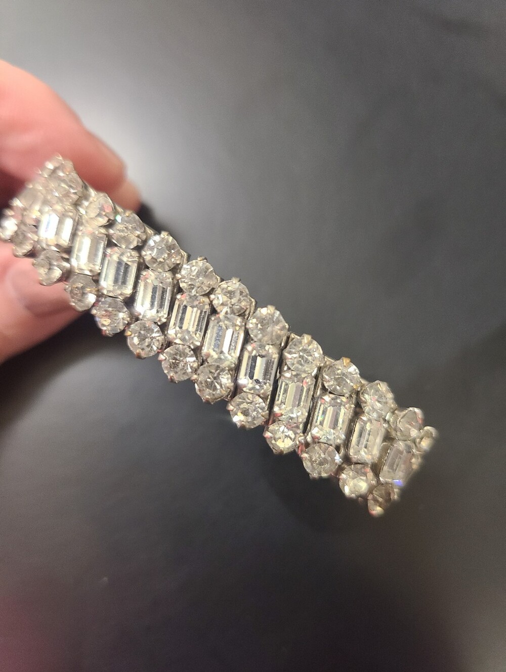 Parco Signed Vintage Three Row Rhinestone Stretch Bracelet